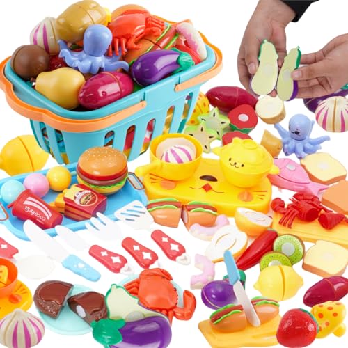 Kinderküche Spielküche Zubehör 61PCS, Spielzeug Gemuese und Obst zum Schneiden, Lebensmittel Kinderküche mit Einkaufskorb, Mini-Geschirr aus Kunststoff und Messer, Küchenspielzeug für Mädchen Junge Kinderküche Spielküche Zubehör 61PCS, Spielzeug Gemuese und Obst zum Schneiden, Lebensmittel Kinderküche mit Einkaufskorb, Mini-Geschirr aus Kunststoff und Messer, Küchenspielzeug für Mädchen Junge von Nukdey