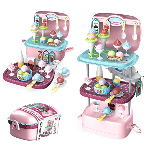 Eisdiele Kinder EIS Spielzeug für Kinder 3 in 1 Tragbare Eisverkauf Spielset 72 Stück Kaufladen Zubehör mit Desserts und Eiskugeln Eisdiele Kinder für Rollenspiele ab 3 4 5 6 Jahre von Nukdey