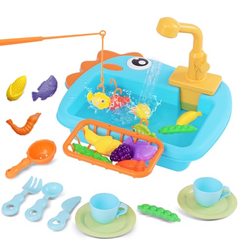 Küchenspüle Spielzeug Set mit Wasserkreislauf Geschirrspüler und Waschbecken 2 in 1 Kinderspielzeug Rollenspiel mit Angelspiel,Schneidspielzeug,Küchenutensilien,Wasserhahn,Play Food für Kleinkinder von Nukdey