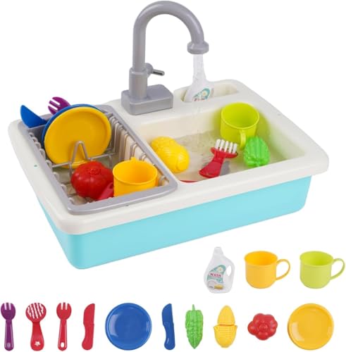 Küchenspüle Spielzeug Set mit Wasserfunktion, Kinder Waschbecken mit Fließendem Wasser, Spielküche Zubehör, Obst und Gemüse Spielzeug zum Schneiden, Rollenspiel für Kinder ab 3 Jahre(Grün) von Nukdey