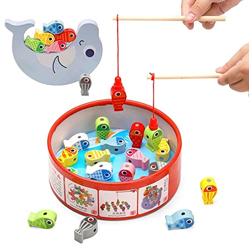 Magnetische Angelspiel 3 in 1, 18 Stück Holzspielzeug Fädelspiel, Montessori Spielzeug ab 3 Jahre, Lernspiele Motorikspielzeug, Geschenk für Kinder Mädchen Jungen 2 3 4 Jahre von Nukdey