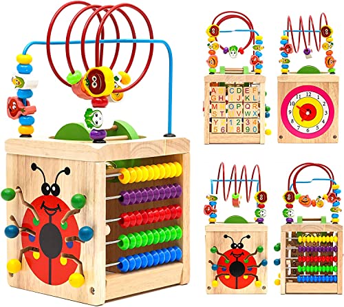 Nukdey Motorikwürfel 6 in 1,Holz-Aktivitätswürfel Montessori-Spiele für Kinder|Multifunktions-Holz-Insekten-Perlen-Labyrinth-Spielzeug|Vorschulerziehung Abakus Perlenring Spielzeug von Nukdey
