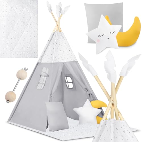 Nukido - Spielzelt für Kinder - Teepee - Spielhaus - mit Holzrahmen, Halterung und Baumwollbezug - Großes Set - mit Kissen, weicher Spielmatte, Fensterrollo - Faltbar - Grau, Weiß, Gelb von Nukido