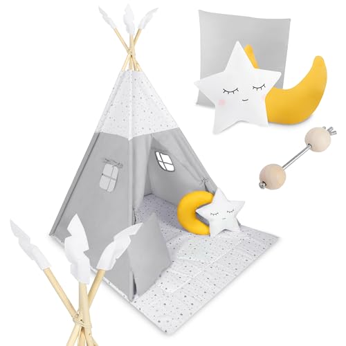Nukido - Spielzelt für Kinder - Teepee - Spielhaus - mit Holzrahmen, Halterung und Baumwollbezug - Großes Set - mit Kissen, weicher Spielmatte, Fensterrollo - Faltbar - Grau, Weiß, Gelb von Nukido