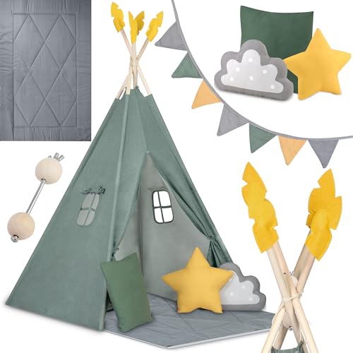 Nukido - Spielzelt für Kinder - Teepee - Spielhaus - mit Holzrahmen, Halterung und Baumwollbezug - Großes Set - mit Kissen, weicher Spielmatte, Fensterrollo, Girlande - Faltbar - Grün Nukido - Spielzelt für Kinder - Teepee - Spielhaus - mit Holzrahmen, Halterung und Baumwollbezug - Großes Set - mit Kissen, weicher Spielmatte, Fensterrollo, Girlande - Faltbar - Grün von Nukido