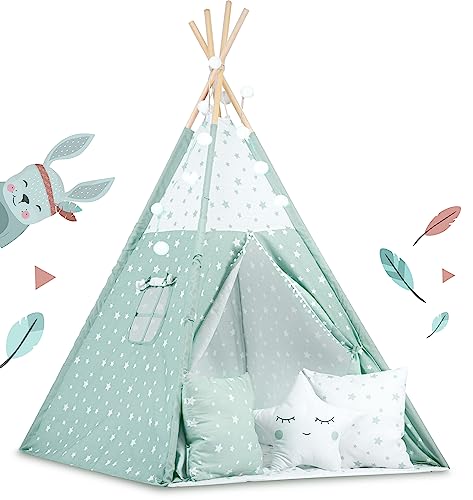 Nukido Tipi Zelt für Kinder Teepee Girlande Kissen - Zelt - Kinderzelt - Kinderspielhaus - Spielzelt - Kinderhaus - Kinderzelt für Drinnen und Draußen - Spielmatte Kinder - Weiß - Grün Nukido Tipi Zelt für Kinder Teepee Girlande Kissen - Zelt - Kinderzelt - Kinderspielhaus - Spielzelt - Kinderhaus - Kinderzelt für Drinnen und Draußen - Spielmatte Kinder - Weiß - Grün von Nukido