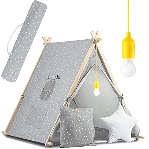 Nukido Tipi Zelt für Kinder aus Baumwolle - Indoor & Outdoor Spielzeug - Fenster Zwei Kissen - Isoliermatte - LED Lampe - Wigwam Indianerzelt Pappelholz 116 x 107 x 110 cm Grau Nukido Tipi Zelt für Kinder aus Baumwolle - Indoor & Outdoor Spielzeug - Fenster Zwei Kissen - Isoliermatte - LED Lampe - Wigwam Indianerzelt Pappelholz 116 x 107 x 110 cm Grau von Nukido