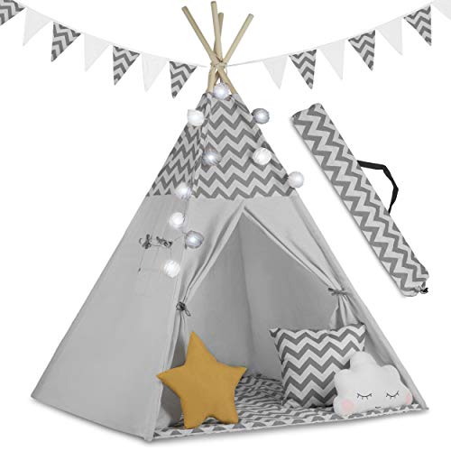 Nukido Zelt für Kinder aus Baumwolle - Indoor & Outdoor Spielzeug - Fenster Zwei Kissen - Isoliermatte - LED Lampe - Wigwam Indianerzelt Pappelholz 120 x 120 x 165 cm Grau von Nukido