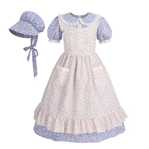 Nuoqi Colonial Mädchen Prärie Pionier Kostüm Laura Ingalls Wilder Kostüm mit lila Schürze Größe 6-7 von Nuoqi
