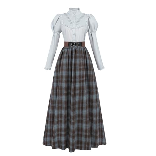 Nuoqi Edwardianisches Kleid für Damen, 2-teiliges viktorianisches Kostüm aus dem 18. Jahrhundert, Bluse mit kariertem Rock, Blau, XXL von Nuoqi