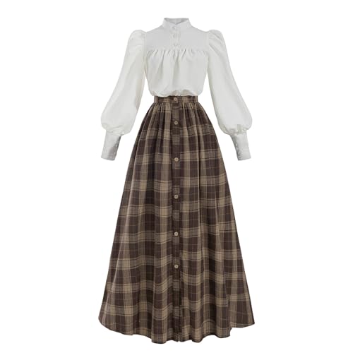 Nuoqi Edwardianisches Kleid für Damen, 2-teiliges viktorianisches Kostüm aus dem 18. Jahrhundert, Bluse mit kariertem Rock, Braun, M von Nuoqi