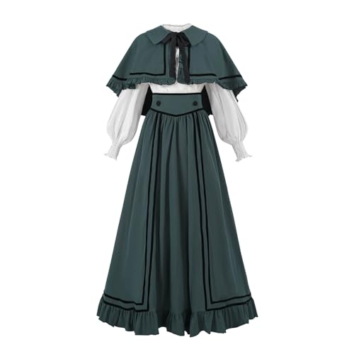 Nuoqi Edwardianisches Kleid für Damen, viktorianisches Kleid, 3-teilig, 1800er-Jahre-Cape Civil War Kostüm, Grün (Forest Green), S von Nuoqi
