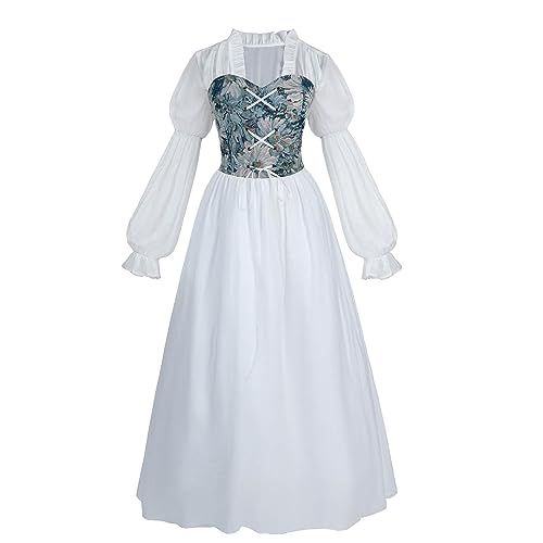 Nuoqi Frauen Regency Kleid Schärpe Rüschen Empire Taille Regency Ära Kleid Jane Austen Tee Party Ballkleid, weiß / blau, Groß von Nuoqi
