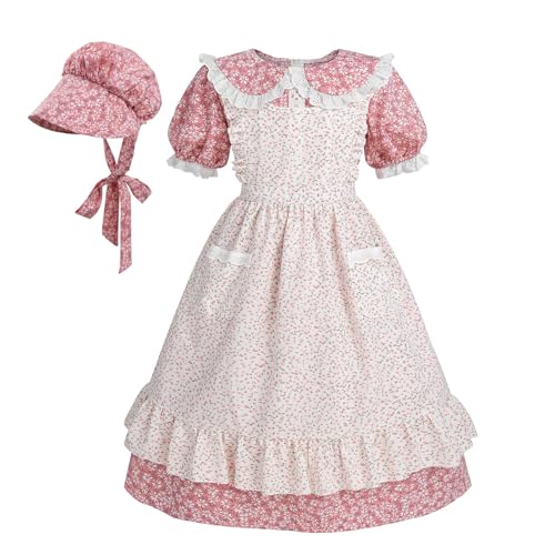 Nuoqi Mädchen Kolonialkostüm Prärie Pionier Kleid Laura Ingalls Wilder Kostüm mit Schürze, Rosa, 10-12 Jahre von Nuoqi