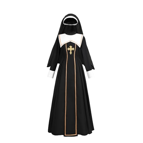 Nuoqi Nonnenkostüm für Damen, Gothic-Kleid mit Kopfbedeckung, Halloween, Cosplay, Nonnen-Outfit-Set, Schwarz, XL von Nuoqi