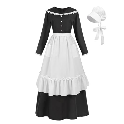 Nuoqi Pioneer Kleid für Damen, schwarzes Kolonial-Kostüm, Pilgerkostüm für Erwachsene, mit Schürze und Motorhaube, Schwarz, L Nuoqi Pioneer Kleid für Damen, schwarzes Kolonial-Kostüm, Pilgerkostüm für Erwachsene, mit Schürze und Motorhaube, Schwarz, L von Nuoqi