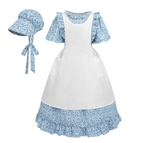 Nuoqi Prairie Dress Laura Ingalls Wilder Pionier-Kolonial-Kostüm mit blauer Schürze Größe 36-42 von Nuoqi