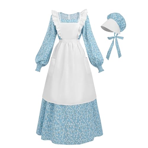 Nuoqi Prairie Kleid für Damen, Erwachsene, Kolonialkleid, 1800er Jahre, langärmelig, Pionier-Kostüm mit Schürze, Motorhaube, Himmelblau, Größe S Nuoqi Prairie Kleid für Damen, Erwachsene, Kolonialkleid, 1800er Jahre, langärmelig, Pionier-Kostüm mit Schürze, Motorhaube, Himmelblau, Größe S von Nuoqi