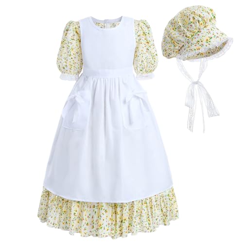 Nuoqi Prairie Kleider für Mädchen, Pioniermädchen-Kostüm, Kolonialkleid, Weiß, Gelb, Größe XL von Nuoqi