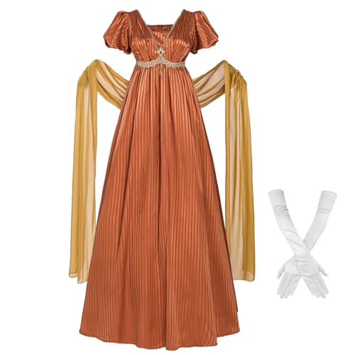 Nuoqi Regency Dresses Damen 1800er viktorianisches Kleid Empire-Taille Ballkleid mit Handschuhen, Orange/Abendrot im Zickzackmuster (Sunset Chevron), XS von Nuoqi