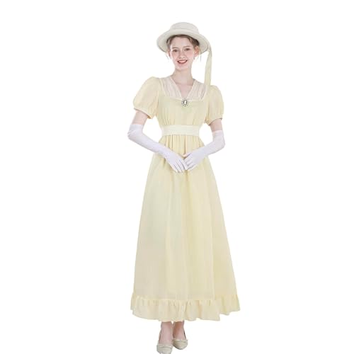 Nuoqi Regency-Kleid für Damen, 1800er-Jahre, viktorianisches Kostüm, Regency-Ära, Teeparty-Kleid mit Cameo, Hellgelb, Größe XXL von Nuoqi