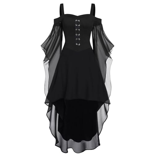 Hexenkostüm Piratenkostüm Halloween,Damen Mittelalter Kleidung Dameskleid in mit Schulterfreiem Ausschnitt Batwing-Ärmeln und Spitzenverzierung im Gothic-Stil Halloween Kleid Schwarz XL von Nuqqichongtian