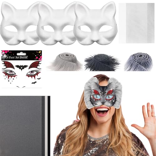 Nuyhadds Weiße Katzenmaske,Einfarbige Tierkostüm-Masken | Zubehör-Set Mit Mesh- Und Filzblättern Für Handwerkskunst Zu Karneval Cosplay Festen von Nuyhadds
