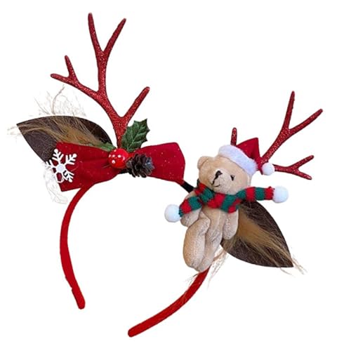Nuyhgtr Urlaub Kopfbedeckung, Weihnachtsschleife Haarband, Hirschgeweih Cosplay, Cosplay Kopfbedeckung, 24,6 x 23,4 cm, Plüschbär Haarband mit Weihnachtsschleife und Hirschgeweih, ideal für Cosplay von Nuyhgtr