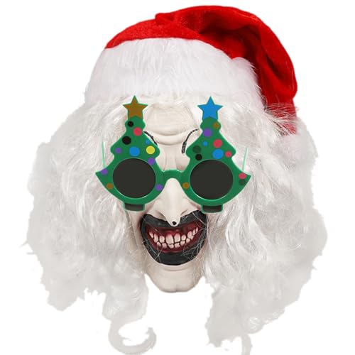 Terrifier-Maske für Erwachsene, Weihnachtsclown-Kostüm - Gesichtsbedeckung Terror mit Brille,Weihnachts-Horror-Requisite, Weihnachtskostüm-Requisiten, Kopfbedeckung, Kostüm-Requisiten, Zubehör für Cos von Nuyhgtr