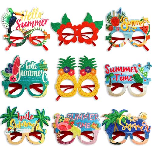 Nuytghr Lustige Hawaii-Sonnenbrille, 9 Paar lustige Partybrillen, bunte Kostüm-Requisiten, cooles Themen-Zubehör, tropisches Pool-Fotokabinen-Set für Kinder, Erwachsene, Strandpartys von Nuytghr