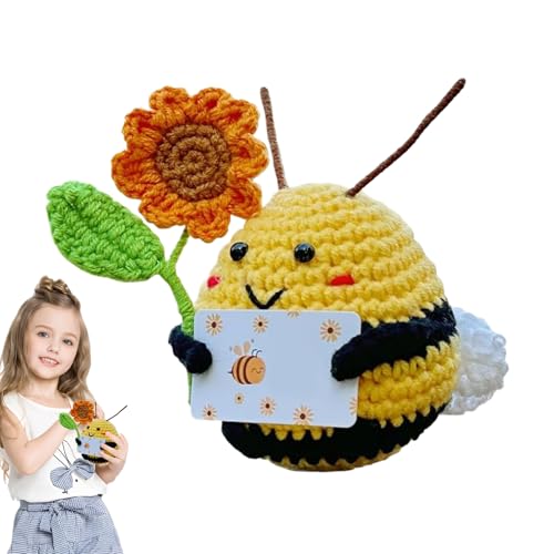 Nuytghr Positive Biene, Sonnenblumen-Biene, motivierend, Plüsch, 10,5 x 7,5 cm, handgefertigte Stützpuppe mit erhebender Karte, emotionaler Schreibtisch-Begleiter, für Kinder, Frauen, Männer, Büro von Nuytghr