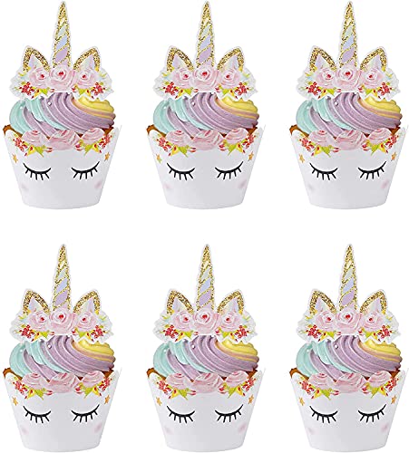 Cupcake Toppers,Kuchenaufsätze 24 Stücke Einhorn Cupcake Wrappers Kuchendeckel für Geburtstagsfeier Hochzeiten Jubiläen Gartenpartys Geburtstagskuchen Dekoration Lieferungen von FangZin
