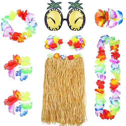 Hawaii Set,Hawaiian Hula Grass Rock Set 8 Stück Hawaii Mottoparty Kostüme mit Halskette Armbänder Stirnband Blume BH Haarspange und Ananas Sonnenbrille für Mädchen Frauen Hawaiian Luau Beach Party von Nv Wang