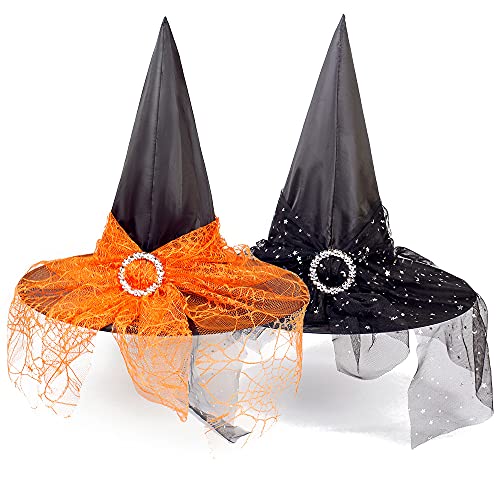 Nv Wang Hexenhut,Halloween Frauen Hexenhut 2 Stück Zaubererhüte Wicked Witch Hat für Frauen Halloween Party Masquerade Cosplay Zubehör Kinder Erwachsene（Schwarz/Orange） von Nv Wang