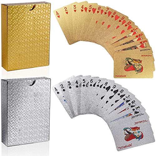 Nv Wang Spielkarten,Playing Cards 2 Stück Folie Beschichtet Spielkarten Wasserfeste Pokerkarten für Familienparty (Goldfolie & Silberfolie) von Nv Wang