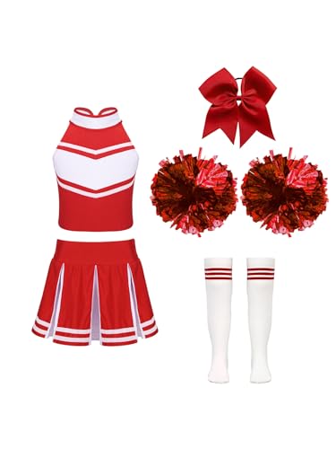 Nyeemya Cheer Kostüm Kinder Mädchen Cheerleading Uniform Ärmellos Crop Top mit Minirock Poms Socken und Haarzubehör Halloween Party Kostüm Ein Rot 134-140 von Nyeemya