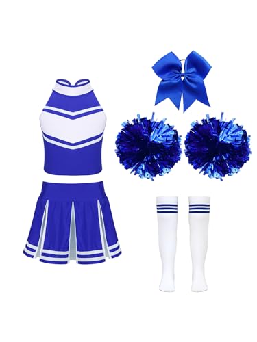 Nyeemya Cheer Kostüm Kinder Mädchen Cheerleading Uniform Ärmellos Crop Top mit Minirock Poms Socken und Haarzubehör Halloween Party Kostüm Ein blaues 146-152 von Nyeemya
