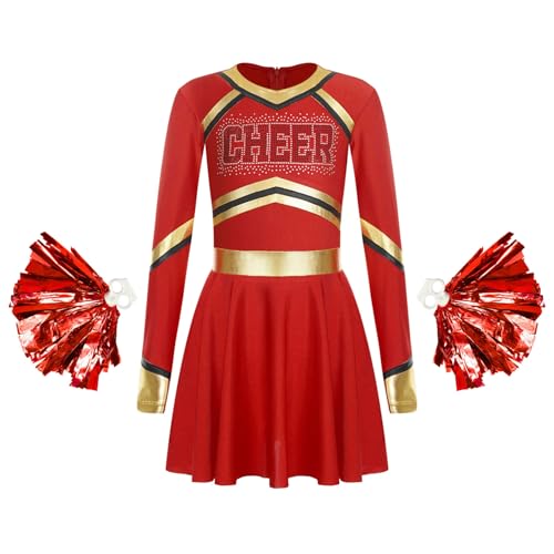 Nyeemya Cheer Leader Kostüm Mädchen Kleid Mit Pompoms Langarm Cheerleading Tanzkleid Karneval Fasching Sportkleid Rot A 170 Nyeemya Cheer Leader Kostüm Mädchen Kleid Mit Pompoms Langarm Cheerleading Tanzkleid Karneval Fasching Sportkleid Rot A 170 von Nyeemya