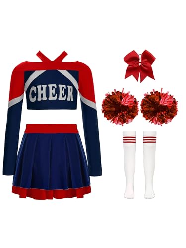 Nyeemya Cheerleadering Kostüm Kinder Cheer Uniformen Buchstaben Drucken Crop Top Faltenrock mit Pompons Socken und Haarzubehör Navy blau A 122-128 von Nyeemya