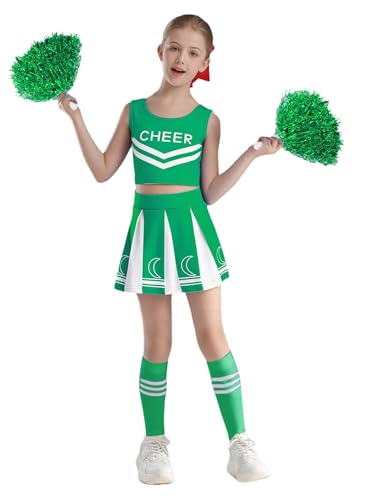 Nyeemya Cheerleading Kostüm Kinder Mädchen School Girl Uniform Bauchfrei Tanz Shirt Mit Faltenrock Pompons Strümpfe Dancewear Grün 122-128 von Nyeemya