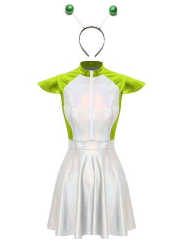 Nyeemya Damen Astronaut Kostüm Space Girl Kleid mit Tüllrock Glänzend Metallic Kleid mit Silber Haarreif Stirnband Rollenspiel Kostüm Grün XXL von Nyeemya