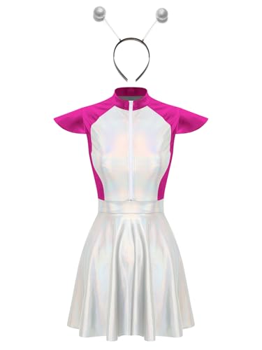 Nyeemya Damen Astronaut Kostüm Space Girl Kleid mit Tüllrock Glänzend Metallic Kleid mit Silber Haarreif Stirnband Rollenspiel Kostüm Hot Pink 4XL von Nyeemya