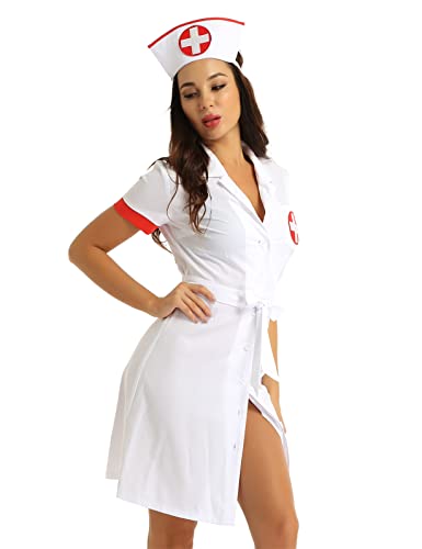 Nyeemya Damen Krankenschwester Uniform Kurzarm Minikleid Arztin Kittel mit Haube Sexy Babydoll Beruf Cosplay Outfits Weiß L von Nyeemya