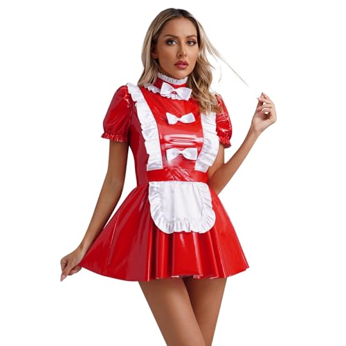 Nyeemya Damen Maid Cosplay Kostüm Französisch Dienstmädchen Kostüm Sexy Lack Leder Minikleid Dessous Nachtwäsche Rot 4XL von Nyeemya