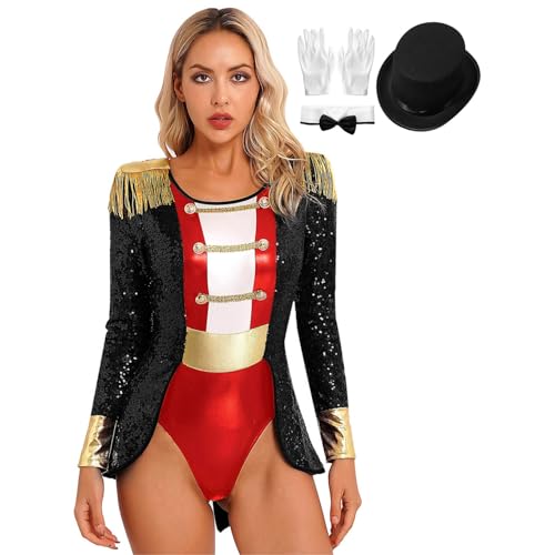 Nyeemya Damen Zirkus Kostüm Bodysuit Ringmaster Kostüm Langarm Glänzend Patchwork Body Overall Halloween Fasching Kostüm Schwarz 3XL von Nyeemya