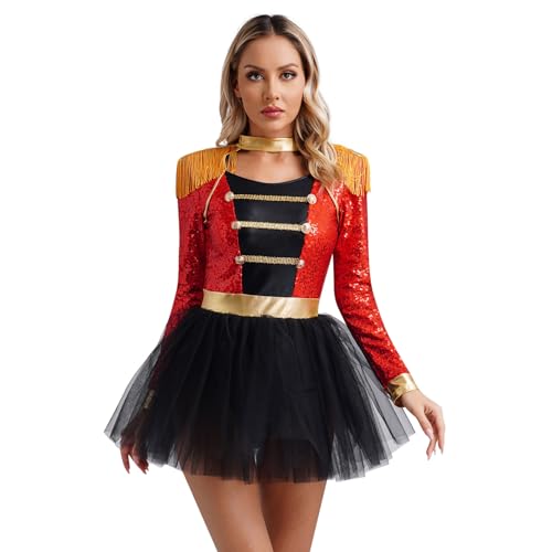 Nyeemya Damen Zirkus Kostüm Zirkusdirektor Kleid mit Quasten Zirkusdirektorin Kostüm Halloween Karneval Glitzer Tanzkleid Mottoparty Rot M von Nyeemya