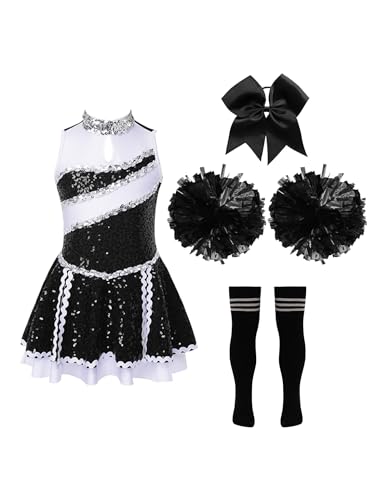 Nyeemya Halloween Cheerleadering Kostüm Kinder Mädchen Kleid mit Pompoms Kopfschmuck und Socken Party Cosplay Outfits Ein Schwarz-Weiß 158-164 von Nyeemya