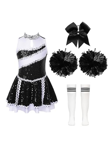 Nyeemya Halloween Cheerleadering Kostüm Kinder Mädchen Kleid mit Pompoms Kopfschmuck und Socken Party Cosplay Outfits Ein Weiß&Schwarz 158-164 von Nyeemya