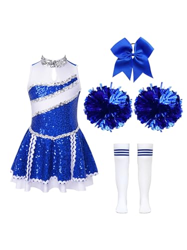 Nyeemya Halloween Cheerleadering Kostüm Kinder Mädchen Kleid mit Pompoms Kopfschmuck und Socken Party Cosplay Outfits Ein blaues 146-152 von Nyeemya
