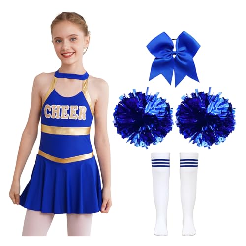 Nyeemya Kind Highschool Mädchen Kostüm Mit Pom Poms Socken Set Cheerleading Uniform Outfit Sport Spiele B Blau 146-152 von Nyeemya